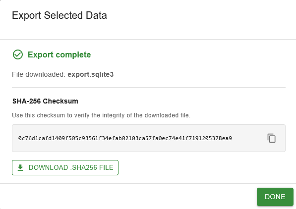 Export completed with checksum