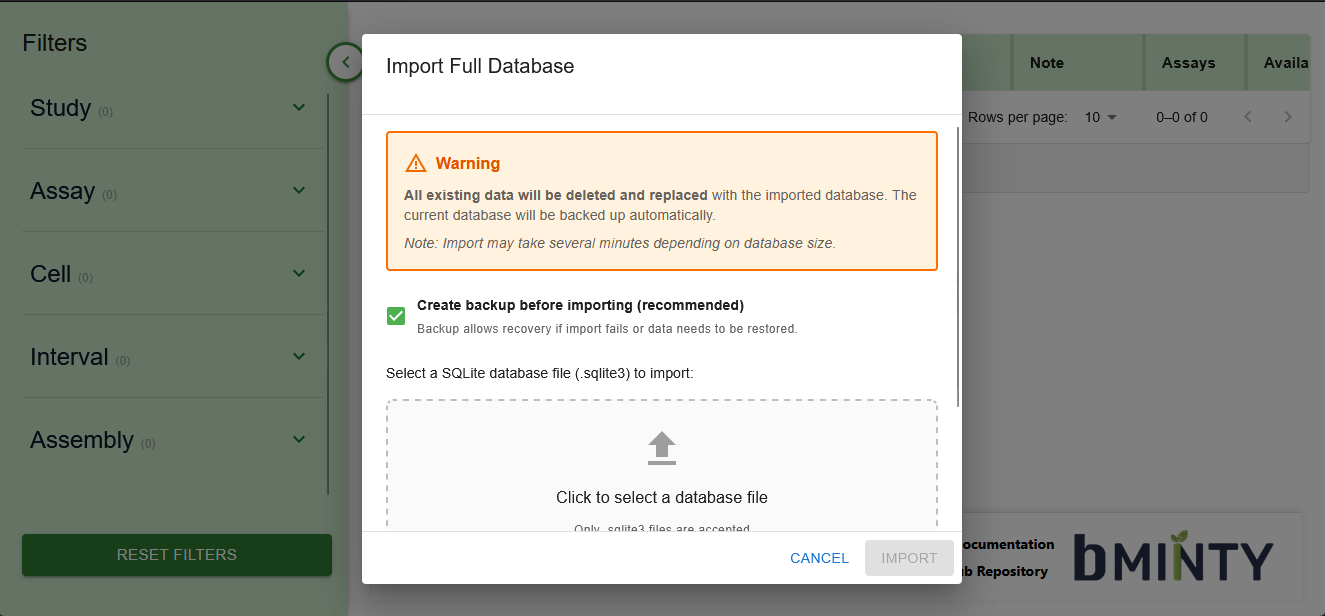 Import Wizard dialog showing the "Import Entire Database" option selected