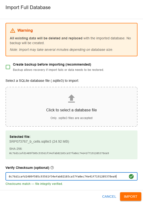File picker showing SRP073767_b_cells.sqlite3 selected and the Import button