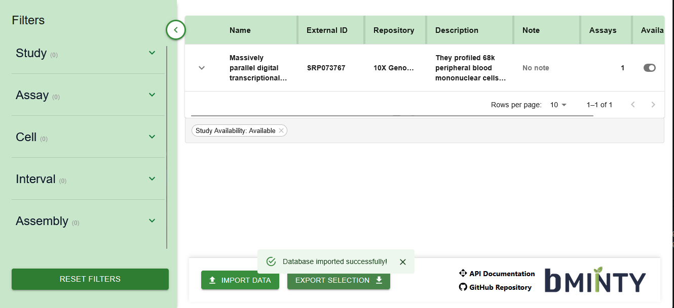 Explore Dashboard after import — SRP073767 study visible in the table
